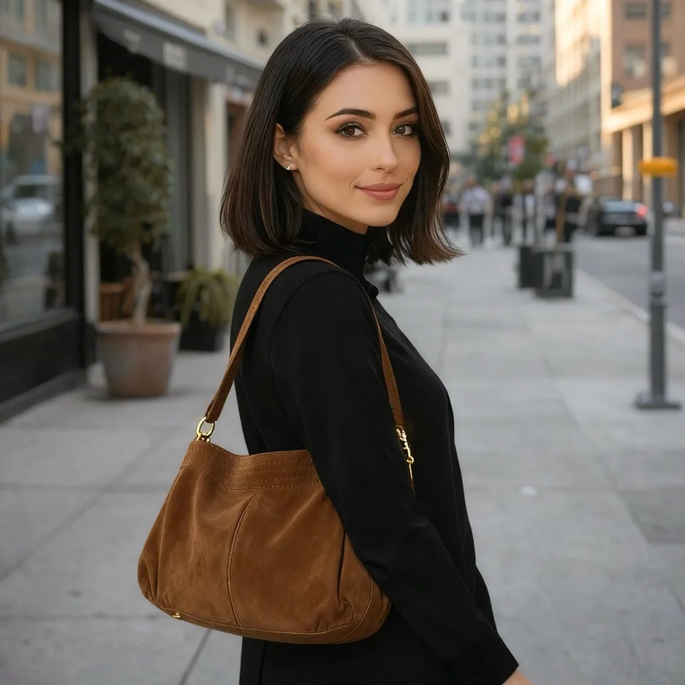 Jimmy Choo Brown Suede Hobo Shoulder Bag with Gold-Tone Hardware